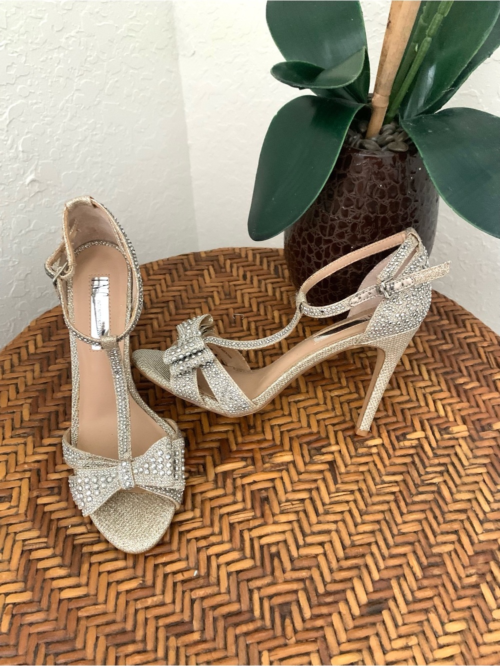 INC Rhinestone Silver Bow Crystal Embellished High Heels